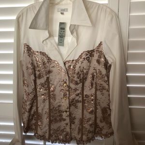 Cache white blouse with metallic lacecorset detail